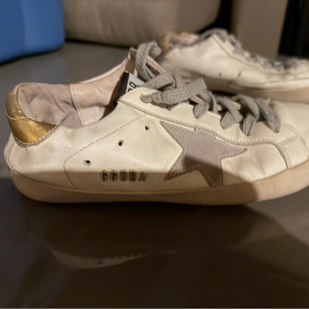 Golden Goose White Leather Sneakers with Gray Star and Gold Heel